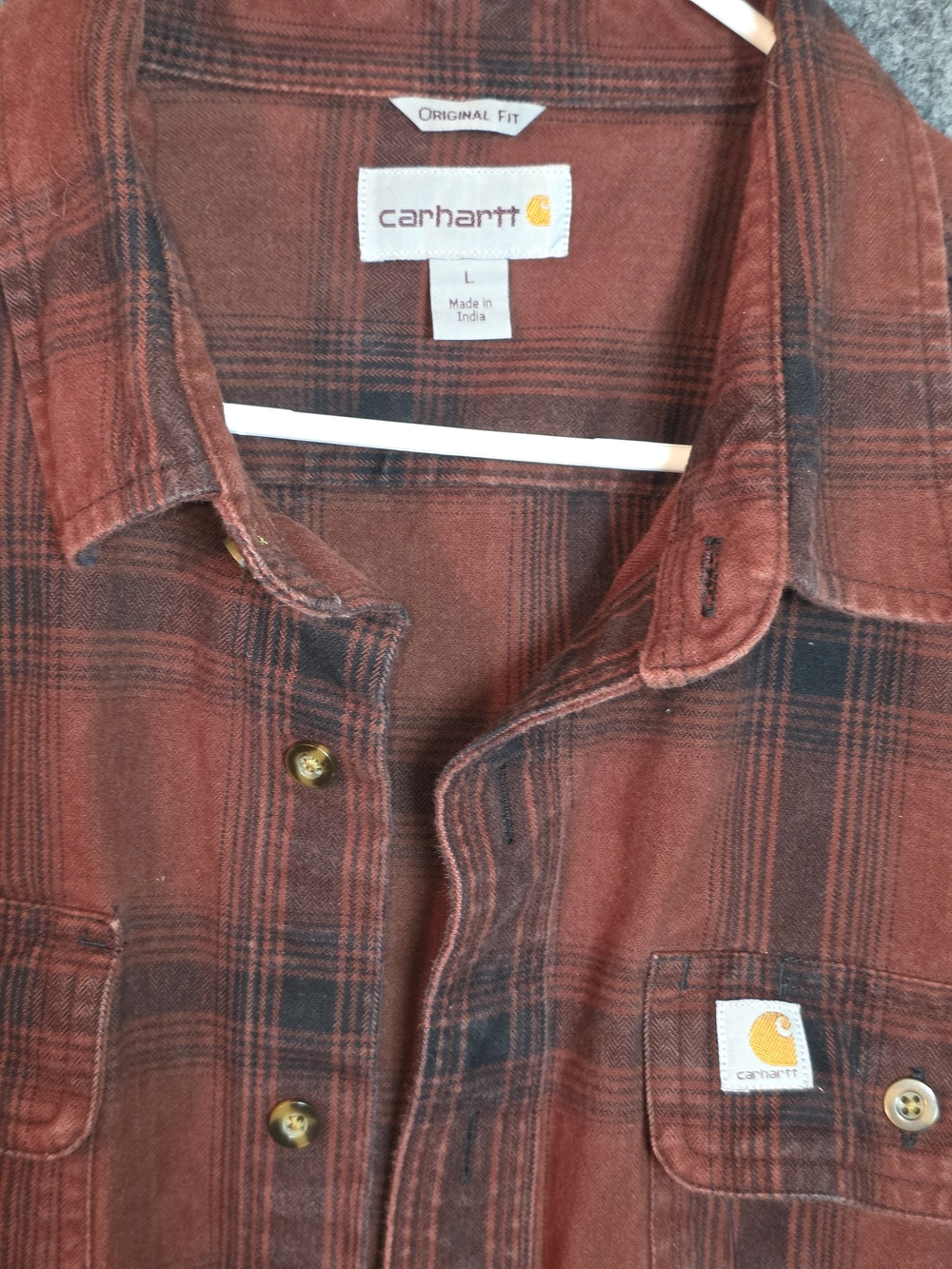Carhartt Men L Original Fit Flannel ButtonUp Shirt Red Plaid Workwear Heavyweigh